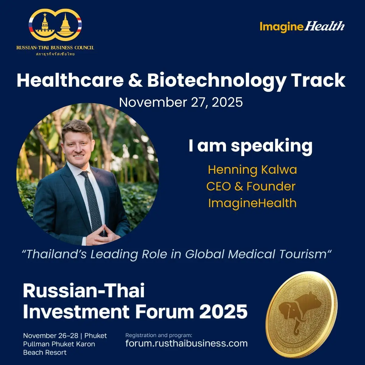 Russian-Thai Investment Forum 2025 Healthcare and Biotechnology Track graphic featuring Henning Kalwa
