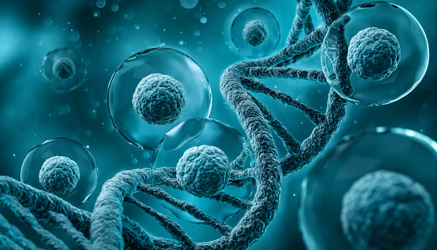 Cellular structures and a DNA helix in ImagineHealth teal